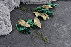бархатный листик универсальный ~ 4,4х1,8 см "изумруд/золото", бархатные листья