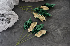 бархатный листик универсальный ~ 5х2,5 см "изумруд/золото", бархатные листья
