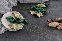 бархатный листик универсальный ~ 3,8х1,5 см "изумруд/золото", бархатные листья